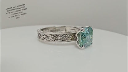 Aqua Blue Moissanite Ring: Vintage Sterling Silver Engagement Jewelry