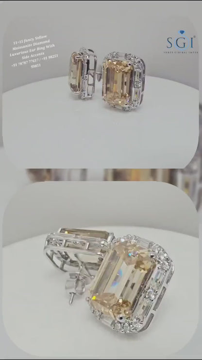 Fancy Yellow Emerald Shape Moissanite Diamond Earrings with White Accent Stones – 25ctw