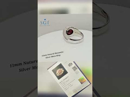 Men’s Silver Ring with 11mm Natural Hessonite Garnet – Portuguese Cut Red Gemstone