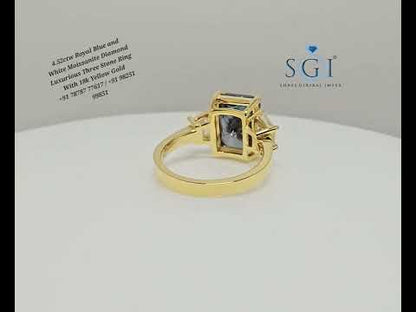 Luxury Solid Gold Three Stone Ring with 4.52ct Royal Blue & White Moissanite Diamonds