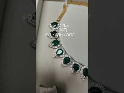 18k Gold Necklace Set With Green Synthetic Stone & Moissanite Diamond