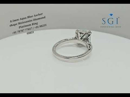 Luxury Platinum Ring with 8.5mm Aqua Blue Moissanite Diamond (Asscher Cut)