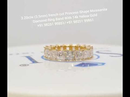 3.20ctw (3.5mm) French cut Princess Shape Moissanite Diamond unisex Ring Band With 14k Yellow Gold