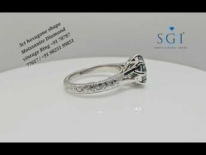 3 Ct Natural Green Moissanite Ring – Octa Hexagon Cut in Vintage Silver, Elegant Statement Jewelry