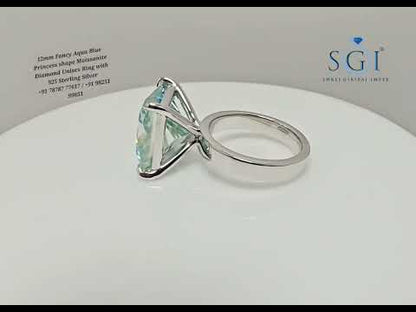Aqua Blue Princess Shape Moissanite Diamond Luxurious Solitaire Unisex Ring – 9.75ct | 12mm
