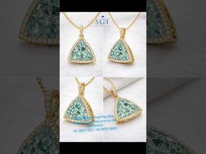 Luxury 14mm Triangle Aqua Blue Moissanite Diamond Pendant in Solid Gold