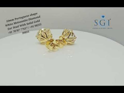 10mm White Portuguese Cut Moissanite Stud Earrings – 8.41ct in Solid Gold, Claw Prong & Push-Back