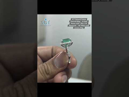 6 Ct Natural Panna Emerald Ring with 1.30 Ctw CVD Diamonds in 14K White Gold | 10.5mm Emerald