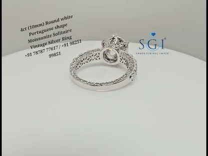 Handcrafted Vintage Silver Ring with 3.80ct 10mm Portuguese Cut White Moissanite