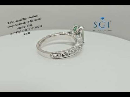 Elegant Unisex Solitaire Ring with 3ct Aqua Blue Radiant Cut Moissanite Diamond