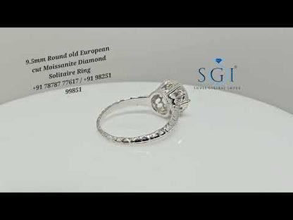 Vintage Style Silver Ring with 9.5mm White Moissanite Diamond | Old European Cut