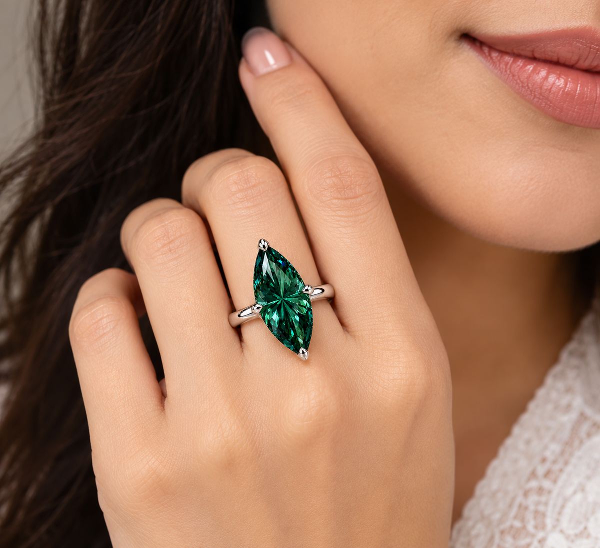 4 CT Green Marquise Moissanite Solitaire Ring 8x16mm 14K White Gold Luxury Handmade Custom Jewelry