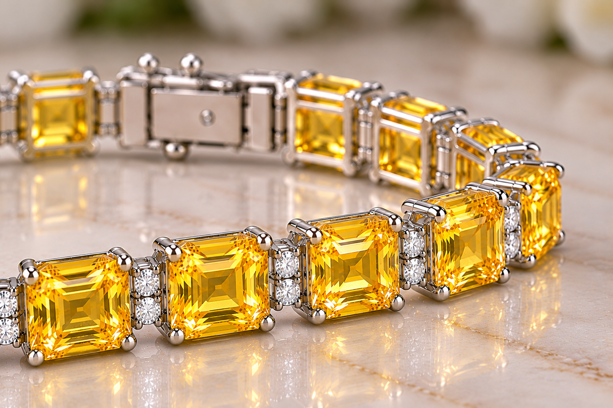 50 CTW Yellow Sapphire & White Moissanite Bracelet Asscher Cut Gemstones in 14K White Gold Luxury Fine Jewelry