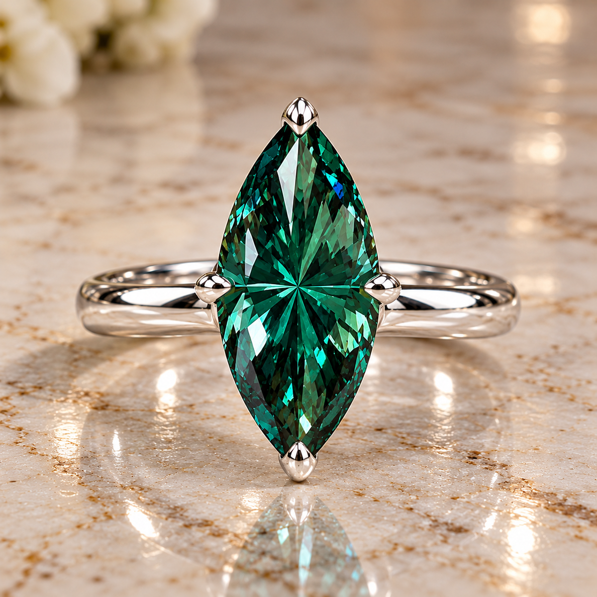 4 CT Green Marquise Moissanite Solitaire Ring 8x16mm 14K White Gold Luxury Handmade Custom Jewelry