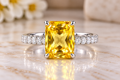 5.41 CTW Yellow Lab-Grown Sapphire & White Moissanite Cocktail Ring Radiant Cut 10K White Gold Luxury Jewelry
