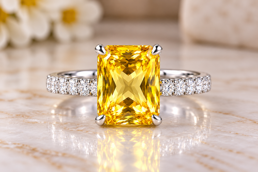 5.41 CTW Yellow Lab-Grown Sapphire & White Moissanite Cocktail Ring Radiant Cut 10K White Gold Luxury Jewelry