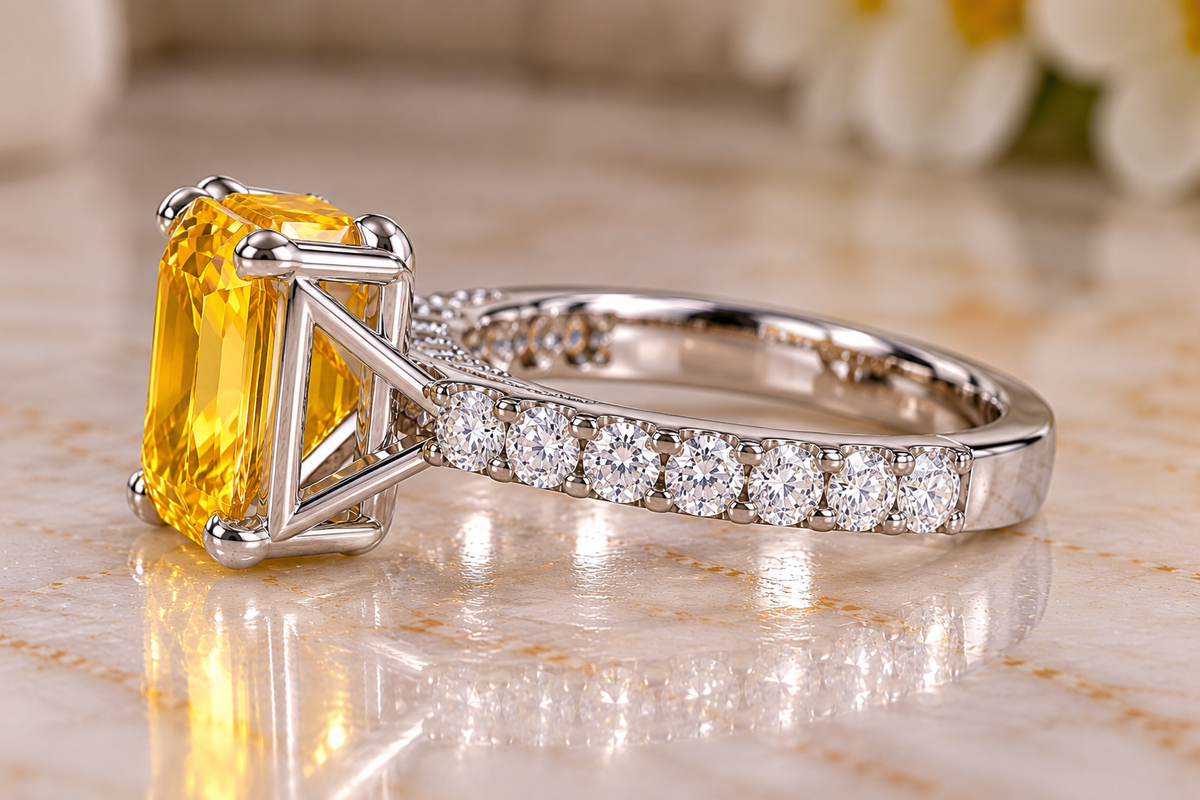 5.41 CTW Yellow Lab-Grown Sapphire & White Moissanite Cocktail Ring Radiant Cut 10K White Gold Luxury Jewelry