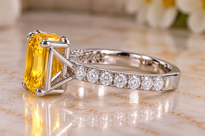 5.41 CTW Yellow Lab-Grown Sapphire & White Moissanite Cocktail Ring Radiant Cut 10K White Gold Luxury Jewelry