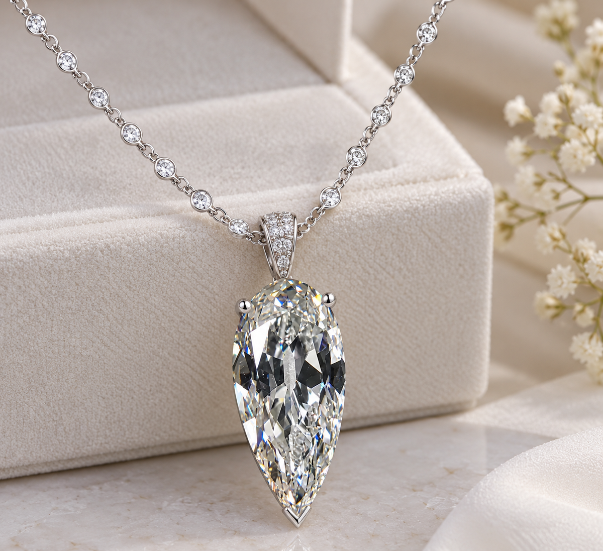 8.50 CTW Long Pear Moissanite Necklace 8x18mm Old Mine Cut D Color VVS1  Luxury Handmade Fine Jewelry