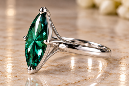 4 CT Green Marquise Moissanite Solitaire Ring 8x16mm 14K White Gold Luxury Handmade Custom Jewelry