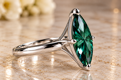 4 CT Green Marquise Moissanite Solitaire Ring 8x16mm 14K White Gold Luxury Handmade Custom Jewelry