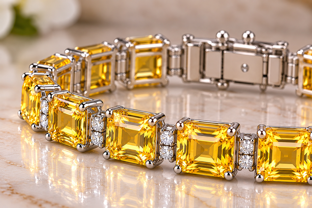 50 CTW Yellow Sapphire & White Moissanite Bracelet Asscher Cut Gemstones in 14K White Gold Luxury Fine Jewelry