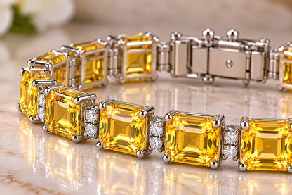 50 CTW Yellow Sapphire & White Moissanite Bracelet Asscher Cut Gemstones in 14K White Gold Luxury Fine Jewelry