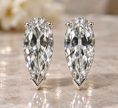 10.50 CTW Long Pear Moissanite Earrings 8x18mm Old Mine Cut D VVS1  14K White Gold Handmade Luxury Jewelry