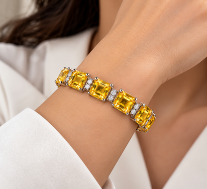 50 CTW Yellow Sapphire & White Moissanite Bracelet Asscher Cut Gemstones in 14K White Gold Luxury Fine Jewelry