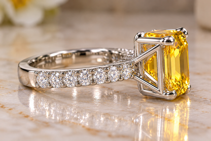 5.41 CTW Yellow Lab-Grown Sapphire & White Moissanite Cocktail Ring Radiant Cut 10K White Gold Luxury Jewelry