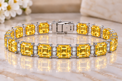 50 CTW Yellow Sapphire & White Moissanite Bracelet Asscher Cut Gemstones in 14K White Gold Luxury Fine Jewelry