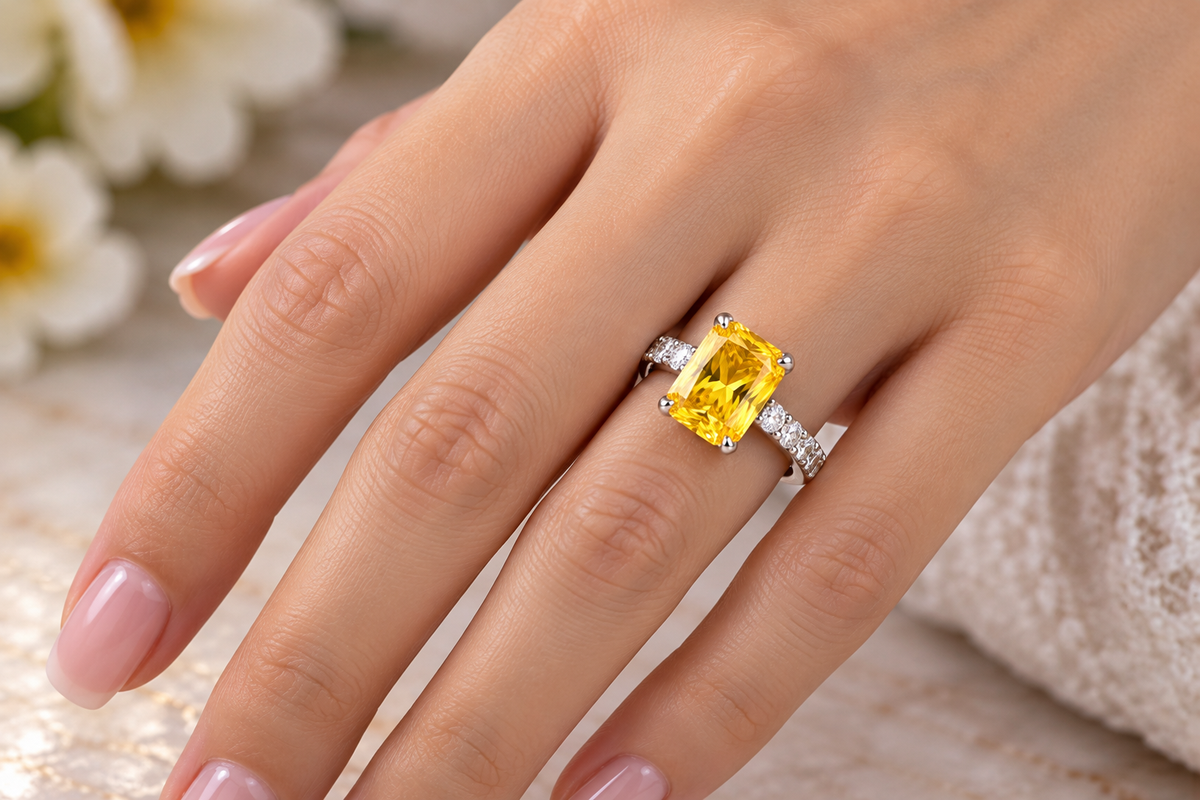 5.41 CTW Yellow Lab-Grown Sapphire & White Moissanite Cocktail Ring Radiant Cut 10K White Gold Luxury Jewelry